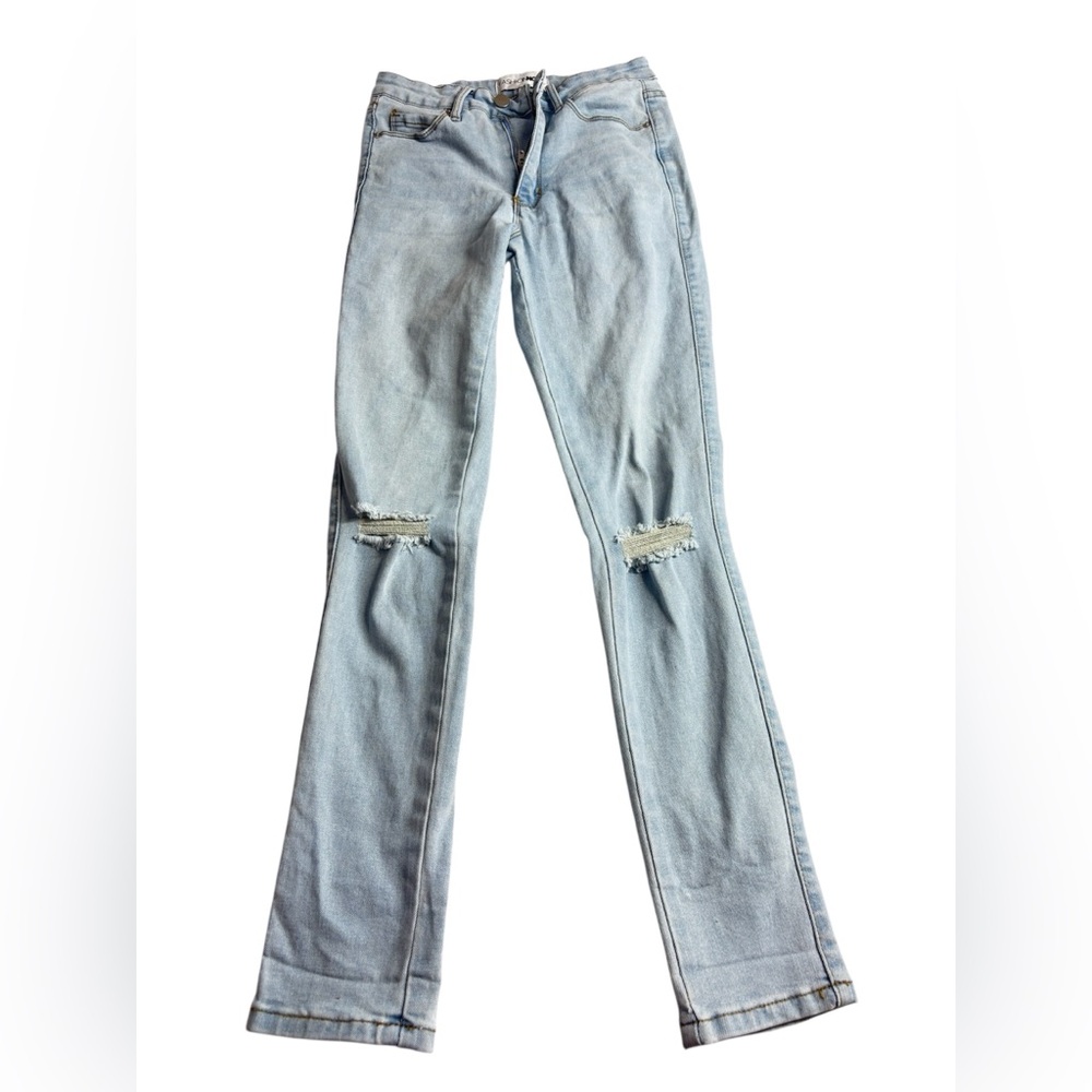 Fashion Nova Light Blue Flare Jeans with Knee Rips